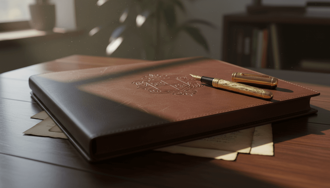 Porte-documents en cuir sur un bureau en bois sombre, stylo-plume doré posé en angle, lumière naturelle tamisée