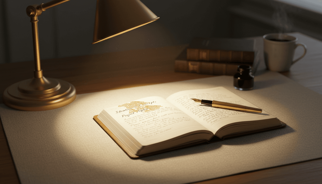 An open journal with handwritten notes and a fountain pen, resting on a linen desk blotter, with a brass desk lamp casting a warm pool of light over the page