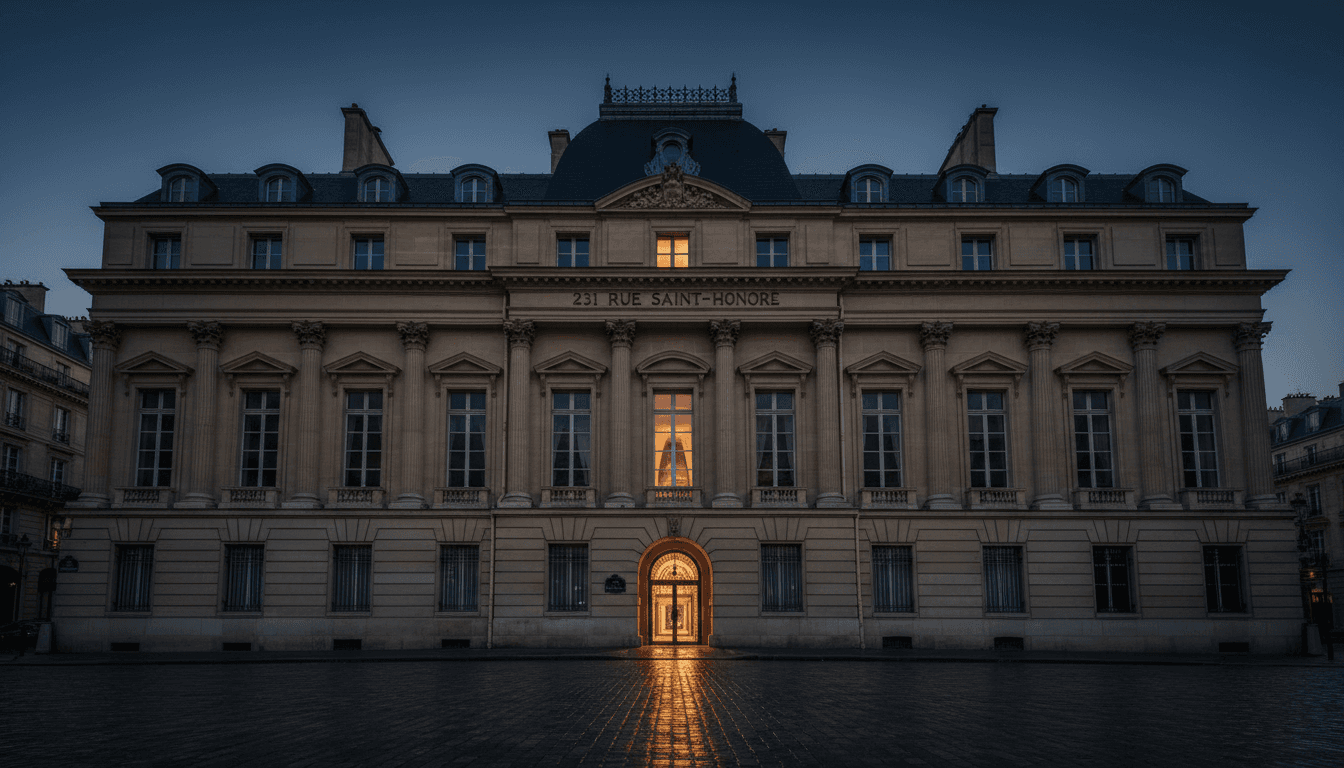 Façade d'un immeuble haussmannien rue Saint-Honoré à Paris au crépuscule, lumière dorée